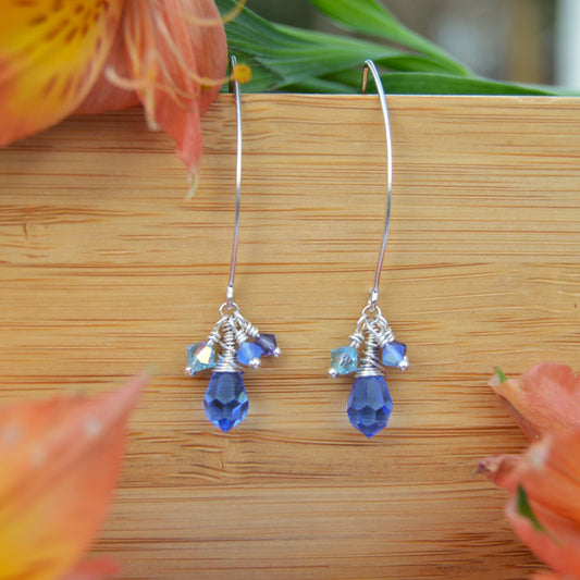 Wire-wrapped sterling silver earrings with Czech faceted crystals.