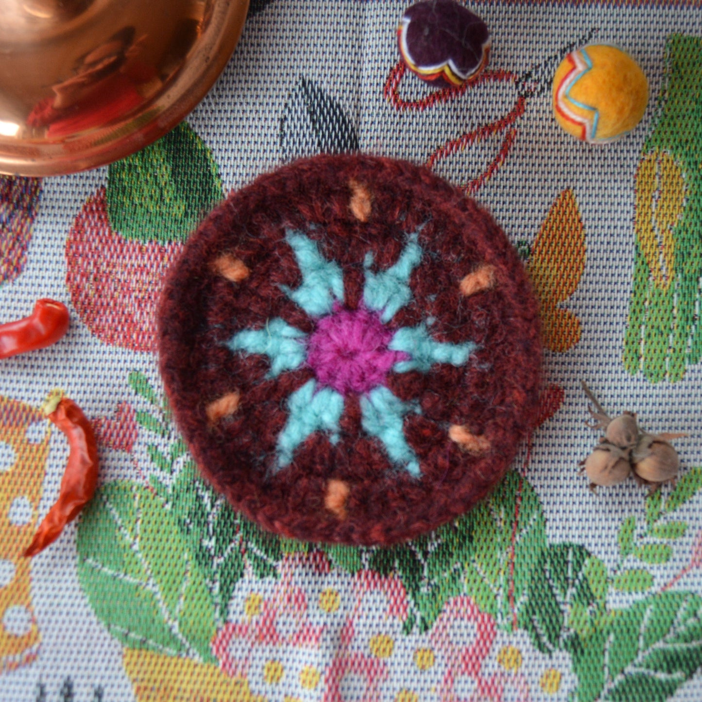 Crochet & Felted Wool Coaster - Bordeaux and turquoise.