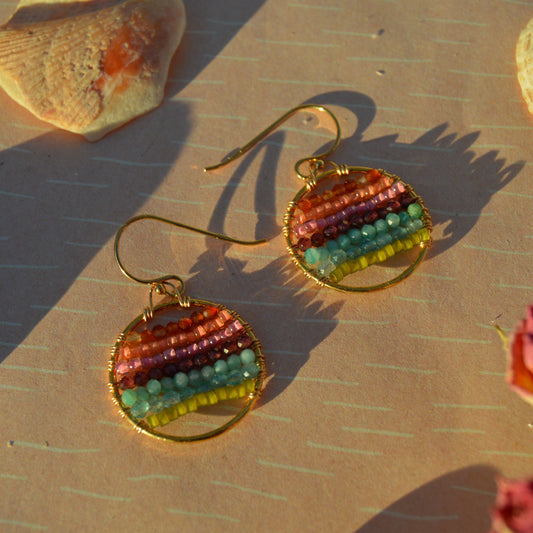 Gold-plated Sterling Silver Hoop Earrings with Gemstone & Seed Beads - Rainbow.