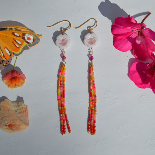 Colourful fringe earrings with flower bead and bicone.