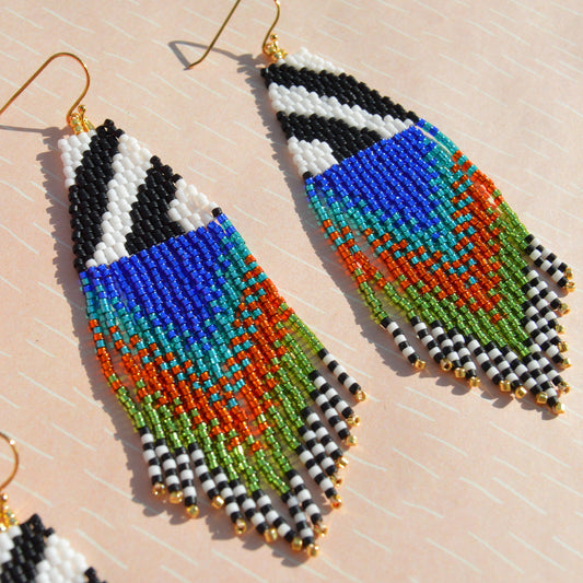 Woven tribal fringe earrings Peacock in the Jungle.