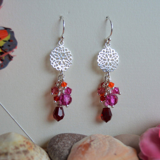 Cluster Sterling Silver Earrings Fairytale - Burgundy & Cerise