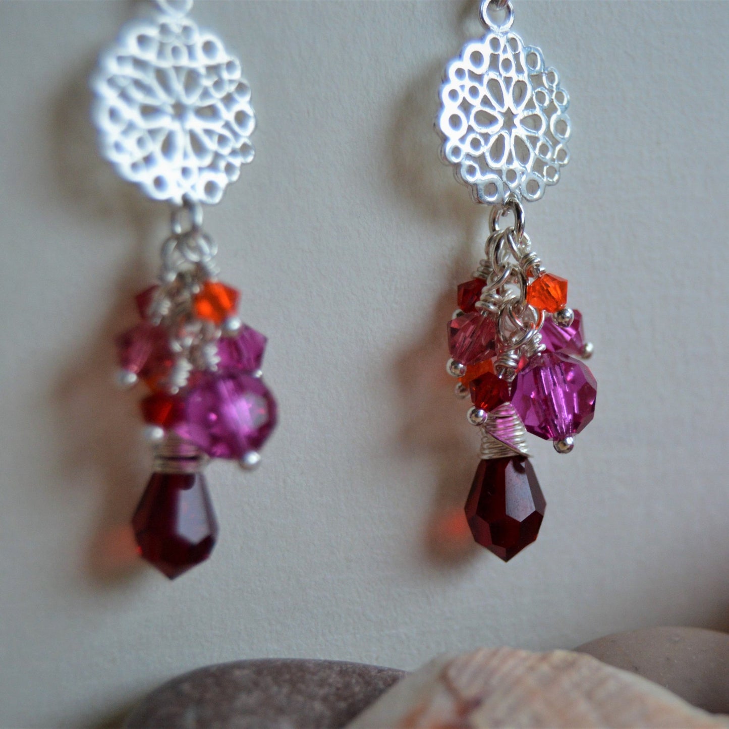 Cluster Sterling Silver Earrings Fairytale - Burgundy & Cerise