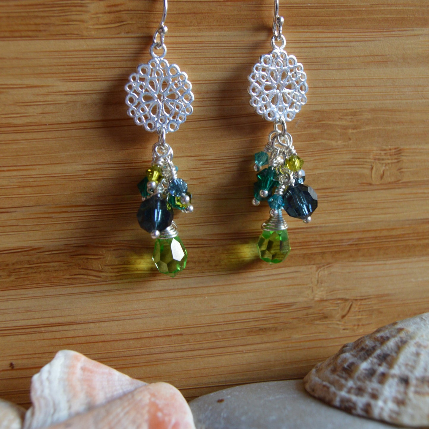 Cluster earrings Fairytale in green and blue tones.